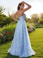 A-line V-Neck Sleeveless Sweep Train Flowing Lace Prom Dresses