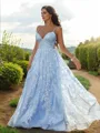 A-line V-Neck Sleeveless Sweep Train Flowing Lace Prom Dresses