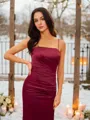 Sheath/Column Spaghetti Straps Modern Sleeveless Sweep Train Silk like Satin Prom Dresses