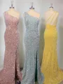 Sheath/Column One-Shoulder Sleeveless Luminescent Sweep Train Velvet Sequins Prom Dresses