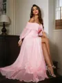 A-line Off-the-Shoulder Long Sleeves Floor-Length 30D Chiffon Classy Prom Dresses