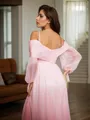 A-line Off-the-Shoulder Long Sleeves Floor-Length 30D Chiffon Classy Prom Dresses