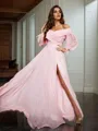 A-line Off-the-Shoulder Long Sleeves Floor-Length 30D Chiffon Classy Prom Dresses