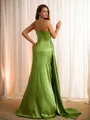 Sheath/Column V-Neck Crisp Sleeveless Sweep Train Silk like Satin Prom Dresses