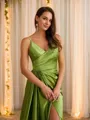 Sheath/Column V-Neck Crisp Sleeveless Sweep Train Silk like Satin Prom Dresses