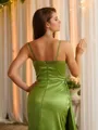 Sheath/Column V-Neck Crisp Sleeveless Sweep Train Silk like Satin Prom Dresses