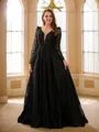 A-line V-Neck Exquisite Long Sleeves Sweep Train Lace Prom Dresses