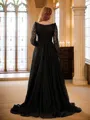 A-line V-Neck Exquisite Long Sleeves Sweep Train Lace Prom Dresses