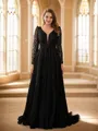 A-line V-Neck Exquisite Long Sleeves Sweep Train Lace Prom Dresses