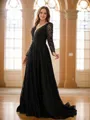 A-line V-Neck Exquisite Long Sleeves Sweep Train Lace Prom Dresses