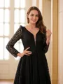 A-line V-Neck Exquisite Long Sleeves Sweep Train Lace Prom Dresses