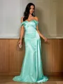 Sheath/Column Off-the-Shoulder Teasing Sleeveless Sweep Train Silk like Satin Prom Dresses