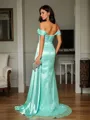 Sheath/Column Off-the-Shoulder Teasing Sleeveless Sweep Train Silk like Satin Prom Dresses