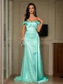 Sheath/Column Off-the-Shoulder Teasing Sleeveless Sweep Train Silk like Satin Prom Dresses