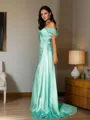 Sheath/Column Off-the-Shoulder Teasing Sleeveless Sweep Train Silk like Satin Prom Dresses