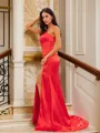Sheath/Column One-Shoulder Sleek Sleeveless Sweep Train Silk like Satin Prom Dresses
