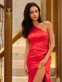 Sheath/Column One-Shoulder Sleek Sleeveless Sweep Train Silk like Satin Prom Dresses