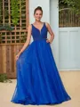 A-line V-Neck Charming Sleeveless Floor-Length Organza Prom Dresses