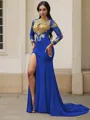 Trumpet/Mermaid High Neck Long Sleeves Curvaceous Sweep Train Jersey Prom Dresses
