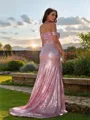 Sheath/Column Off-the-Shoulder Sleeveless Sweep Train Dazzling Sequins Prom Dresses