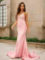 Sheath/Column Halter Sleeveless Sweep Train Slinky Charmeuse Prom Dresses