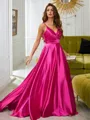 Perfect A-line V-Neck Sleeveless Sweep Train Silk like Satin Prom Dresses