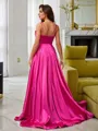 Perfect A-line V-Neck Sleeveless Sweep Train Silk like Satin Prom Dresses