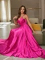 Perfect A-line V-Neck Sleeveless Sweep Train Silk like Satin Prom Dresses