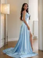 Sheath/Column Spaghetti Straps Sleeveless Sweep Train Bold Silk like Satin Prom Dresses