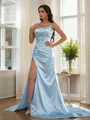 Sheath/Column Spaghetti Straps Sleeveless Sweep Train Bold Silk like Satin Prom Dresses