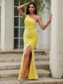 Sheath/Column One-Shoulder Coruscating Sleeveless Sweep Train Velvet Sequins Prom Dresses