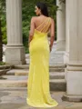 Sheath/Column One-Shoulder Coruscating Sleeveless Sweep Train Velvet Sequins Prom Dresses