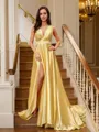 A-line V-Neck Delicate Sleeveless Court Train Silk like Satin Prom Dresses