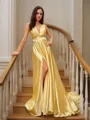 A-line V-Neck Delicate Sleeveless Court Train Silk like Satin Prom Dresses