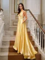 A-line V-Neck Delicate Sleeveless Court Train Silk like Satin Prom Dresses