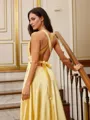A-line V-Neck Delicate Sleeveless Court Train Silk like Satin Prom Dresses