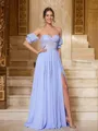 A-line Sweetheart Dreamy Short Sleeves Floor-Length Chiffon Prom Dresses