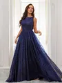 A-line Scoop Sleeveless Sweep Train Dazzling Prom Dresses