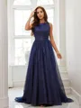 A-line Scoop Sleeveless Sweep Train Dazzling Prom Dresses