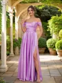 A-line Off-the-Shoulder Pretty Sleeveless Floor-Length Silk like Satin Prom Dresses