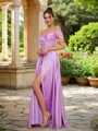 A-line Off-the-Shoulder Pretty Sleeveless Floor-Length Silk like Satin Prom Dresses