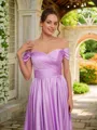 A-line Off-the-Shoulder Pretty Sleeveless Floor-Length Silk like Satin Prom Dresses