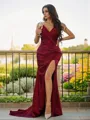 Head-turning Sheath/Column V-Neck Sleeveless Sweep Train Silk like Satin Prom Dresses