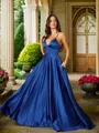 A-line Graceful V-Neck Sleeveless Sweep Train Satin Prom Dresses