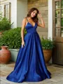 A-line Graceful V-Neck Sleeveless Sweep Train Satin Prom Dresses