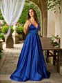 A-line Graceful V-Neck Sleeveless Sweep Train Satin Prom Dresses