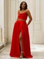 A-line Spaghetti Straps Sleeveless Sweep Train Silk like Satin Elegant Prom Dresses