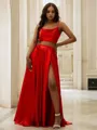 A-line Spaghetti Straps Sleeveless Sweep Train Silk like Satin Elegant Prom Dresses