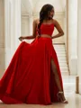 A-line Spaghetti Straps Sleeveless Sweep Train Silk like Satin Elegant Prom Dresses
