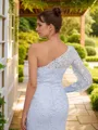 Sheath/Column One-Shoulder Timeless Long Sleeves Sweep Train Tulle Prom Dresses